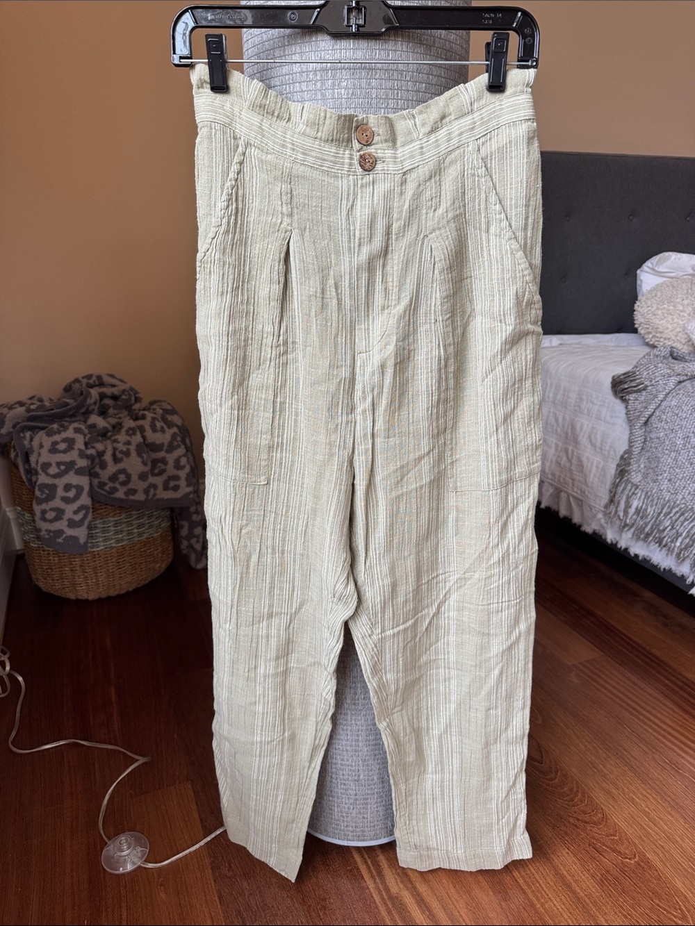 Free People Cream Textured Drawstring Trousers